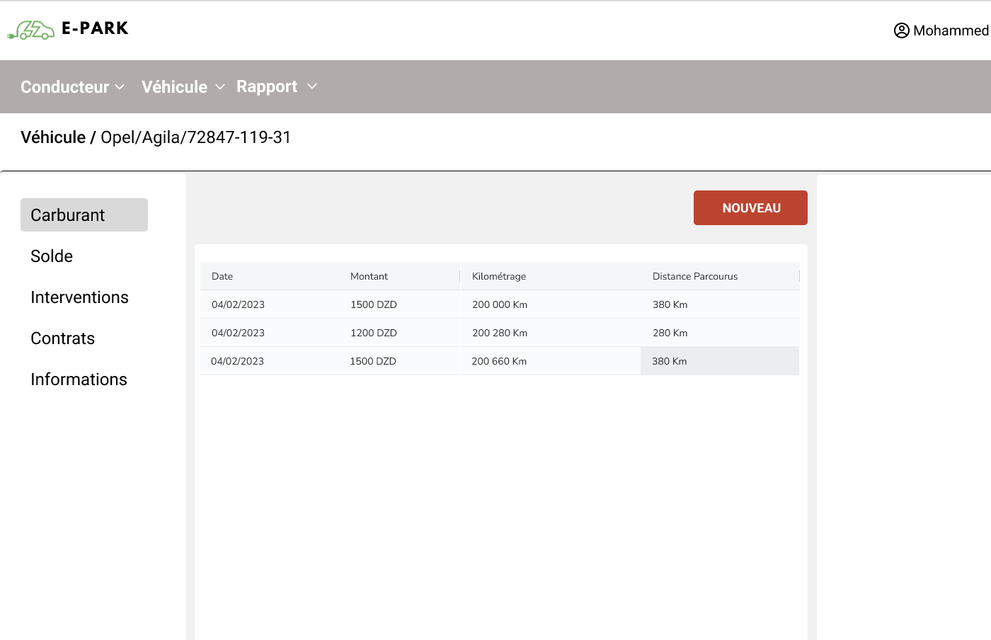 Interface E-PARK Gestion de Flotte algérie